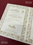 KLB-1551 White Golden Royal Arch Embossed Semi Box Wedding Card (2 Page & Couple Name Wooden Plate)-Kalash Cards