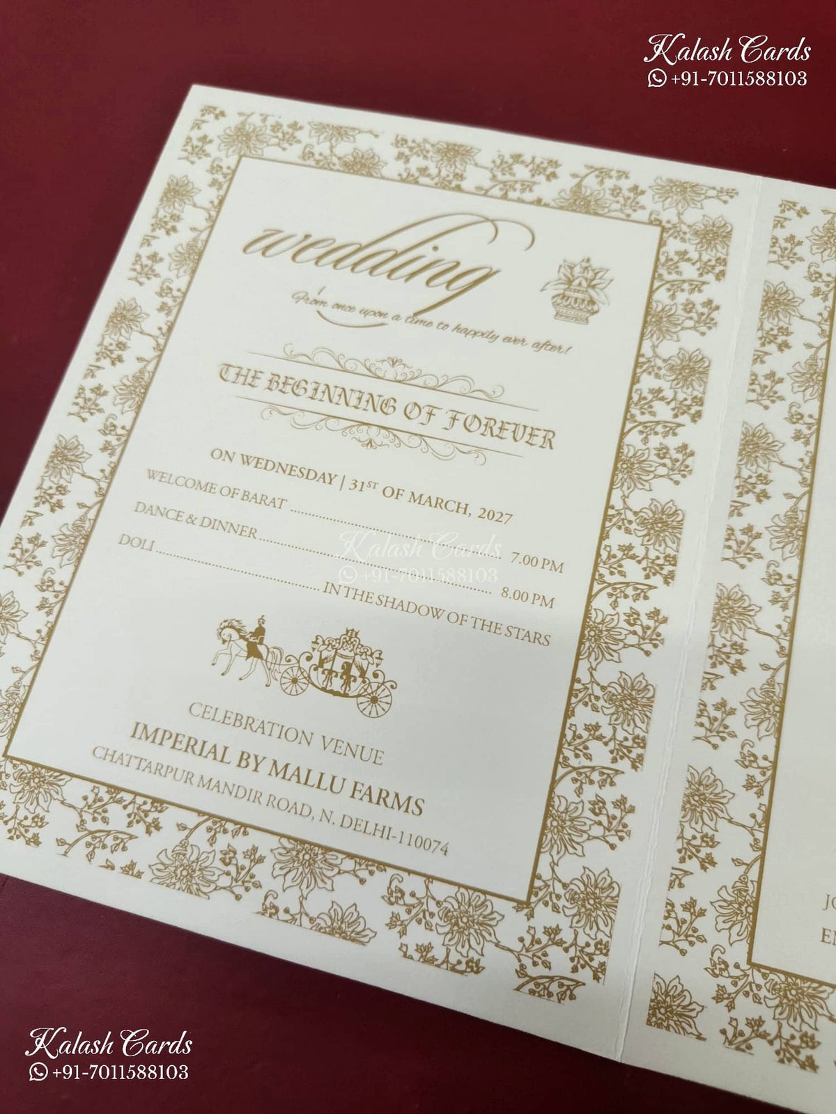 KLB-1551 White Golden Royal Arch Embossed Semi Box Wedding Card (2 Page & Couple Name Wooden Plate)-Kalash Cards