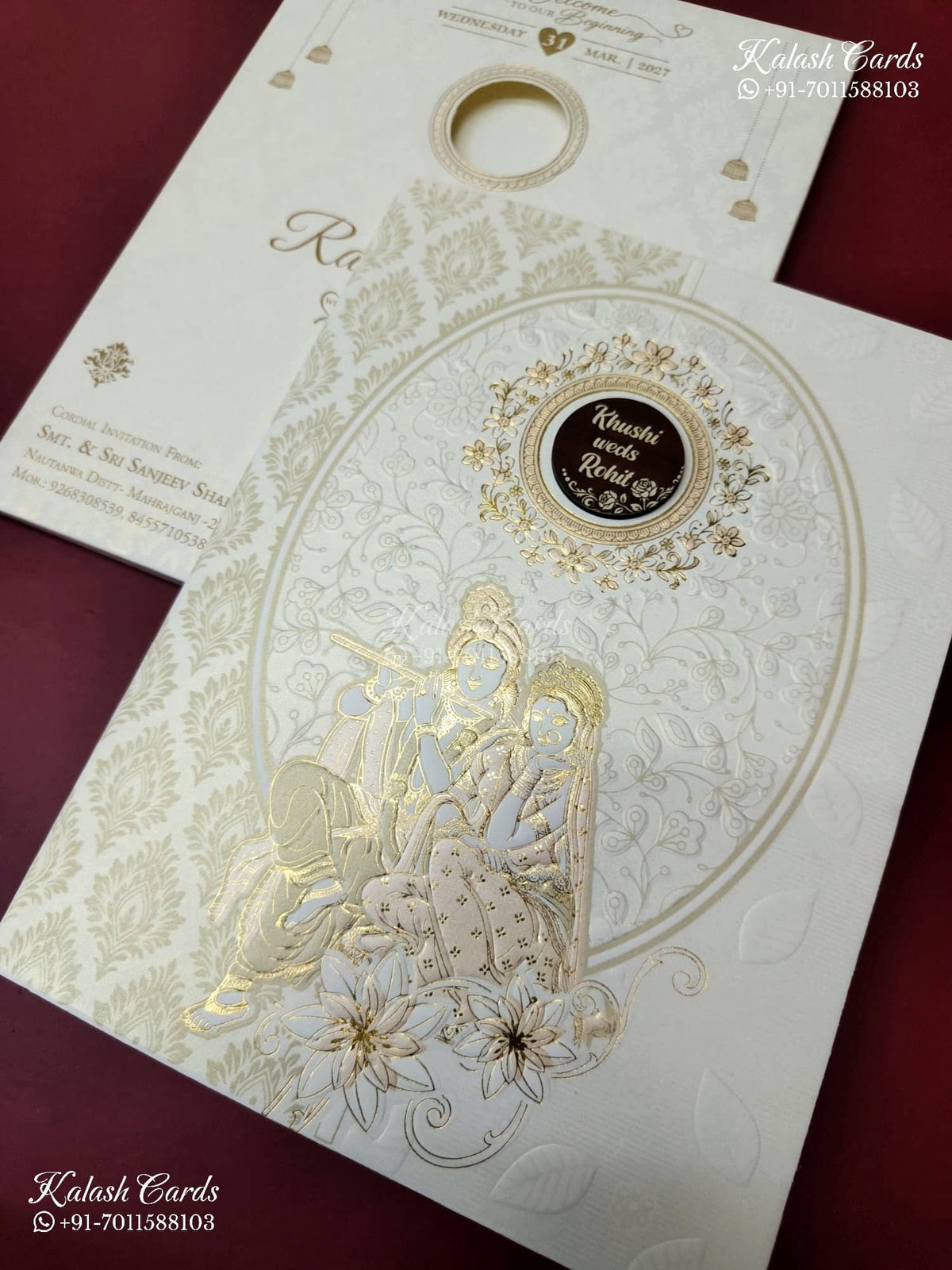 KLB-1552 White Golden Radha Krishna Embossed Semi Box Wedding Card (2 Page & Couple Name Wooden Plate)-Kalash Cards