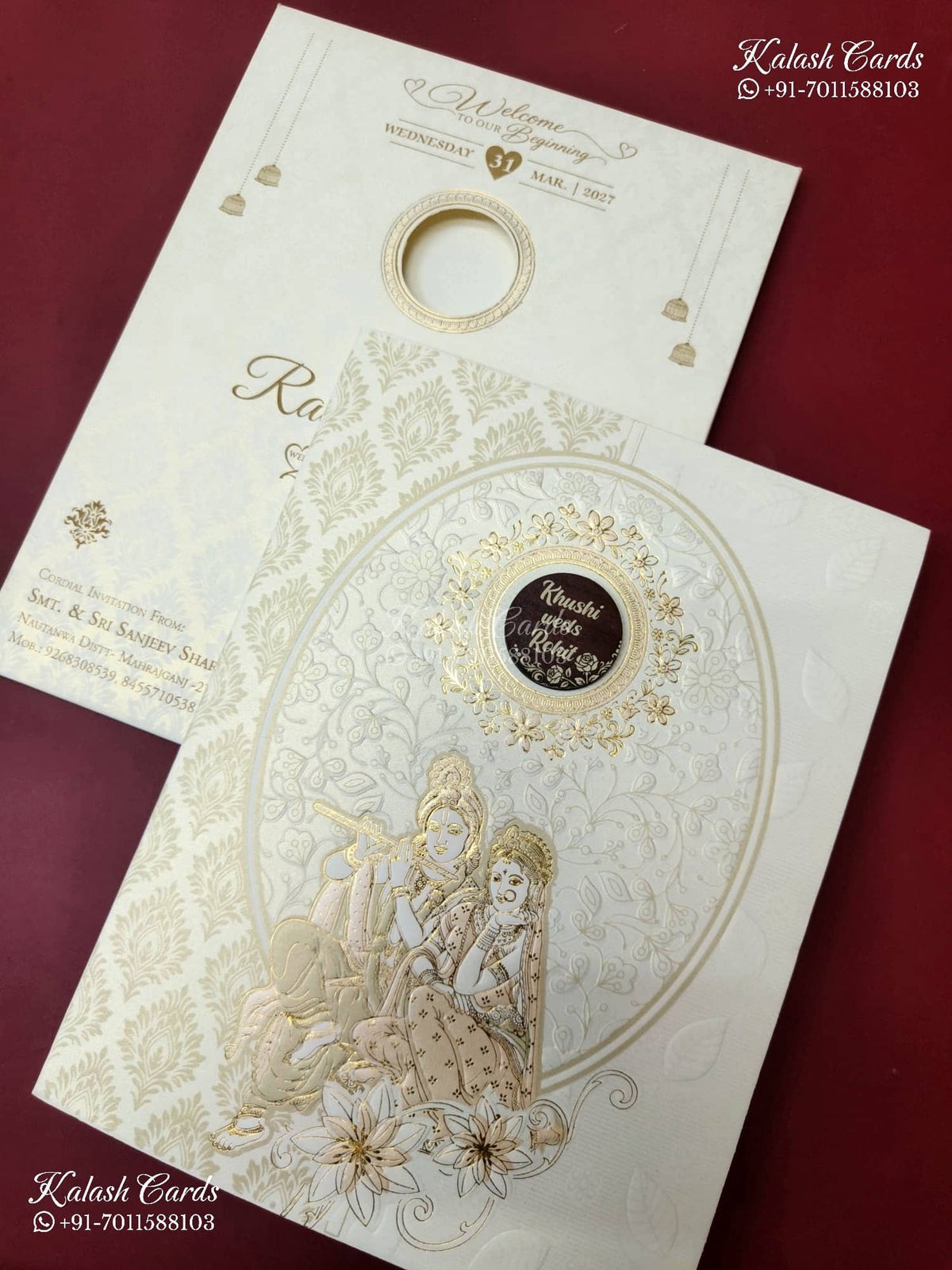 KLB-1552 White Golden Radha Krishna Embossed Semi Box Wedding Card (2 Page & Couple Name Wooden Plate)-Kalash Cards