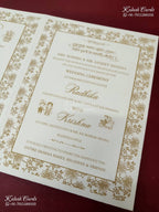 KLB-1552 White Golden Radha Krishna Embossed Semi Box Wedding Card (2 Page & Couple Name Wooden Plate)-Kalash Cards