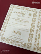 KLB-1552 White Golden Radha Krishna Embossed Semi Box Wedding Card (2 Page & Couple Name Wooden Plate)-Kalash Cards