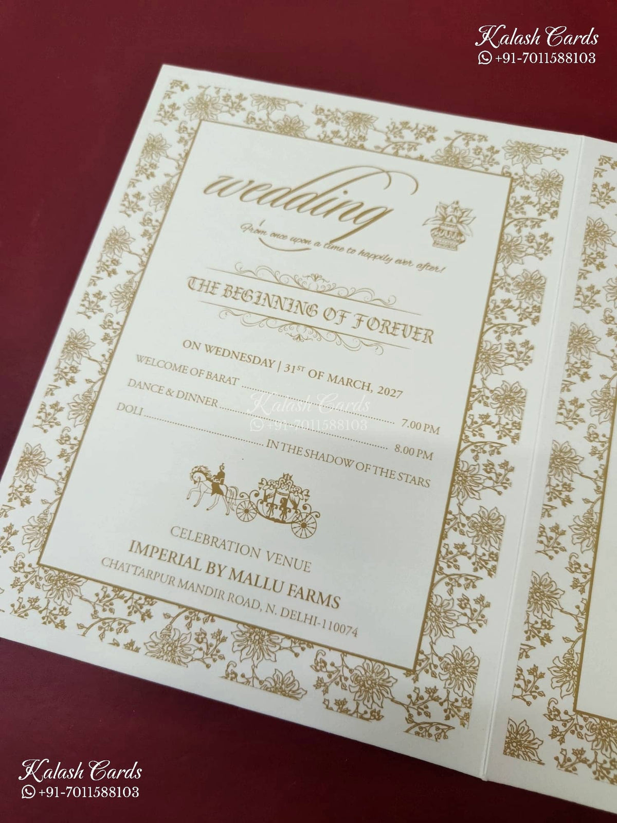KLB-1552 White Golden Radha Krishna Embossed Semi Box Wedding Card (2 Page & Couple Name Wooden Plate)-Kalash Cards