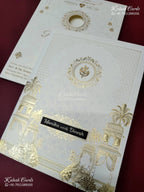 KLB-1553 White Royal Arch Embossed Semi Box Wedding Card (2 Page & Couple Name Wooden Plate)-Kalash Cards