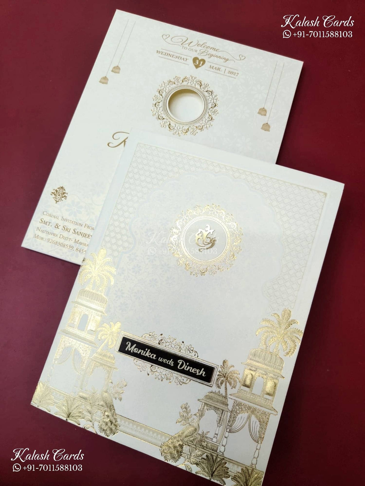 KLB-1553 White Royal Arch Embossed Semi Box Wedding Card (2 Page & Couple Name Wooden Plate)-Kalash Cards