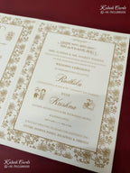 KLB-1553 White Royal Arch Embossed Semi Box Wedding Card (2 Page & Couple Name Wooden Plate)-Kalash Cards