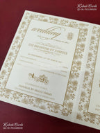 KLB-1553 White Royal Arch Embossed Semi Box Wedding Card (2 Page & Couple Name Wooden Plate)-Kalash Cards