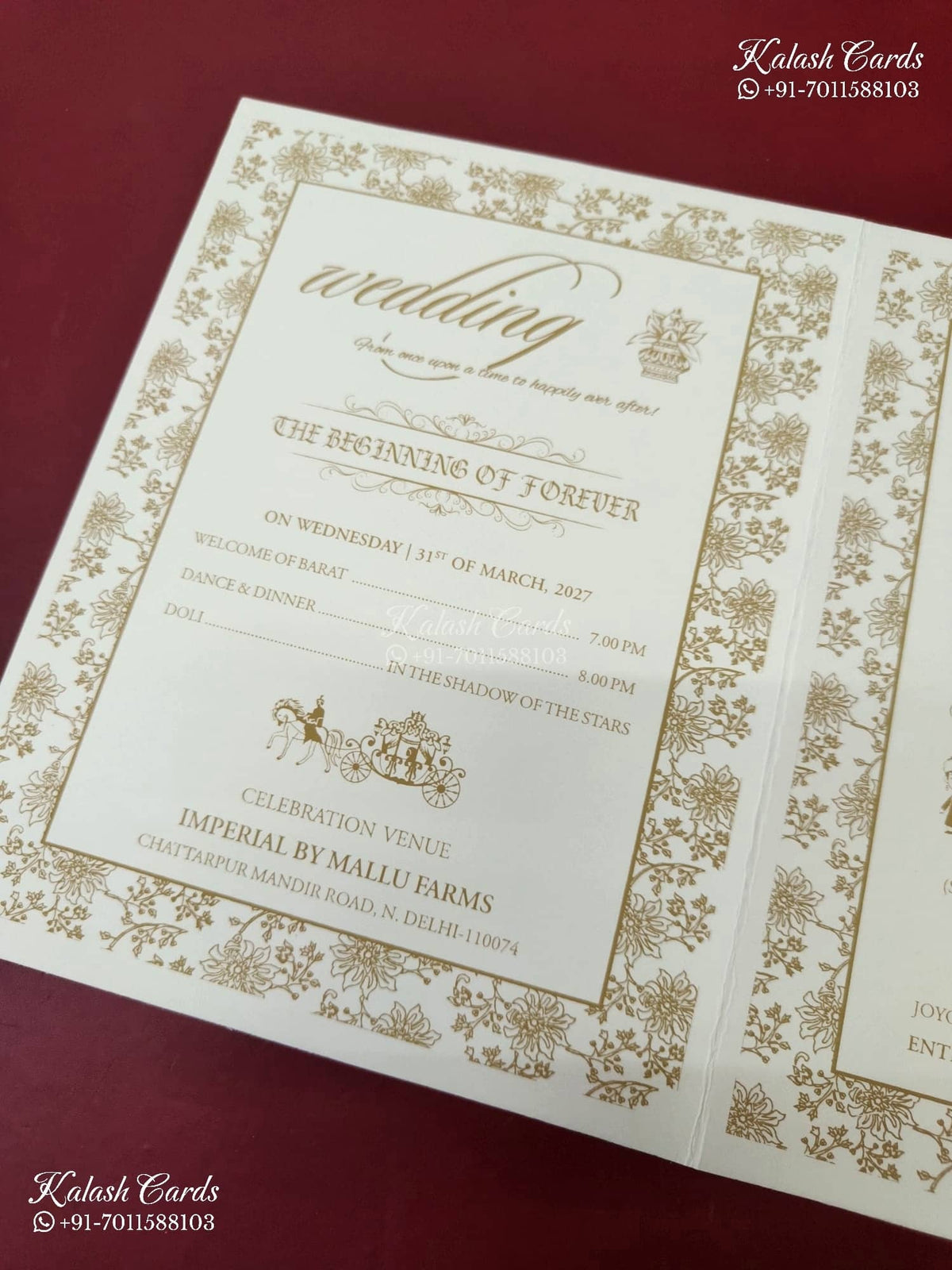 KLB-1553 White Royal Arch Embossed Semi Box Wedding Card (2 Page & Couple Name Wooden Plate)-Kalash Cards
