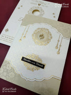 KLB-1554 White Creme Traditional Embossed Semi Box Wedding Card (2 Page & Couple Name Wooden Plate)-Kalash Cards