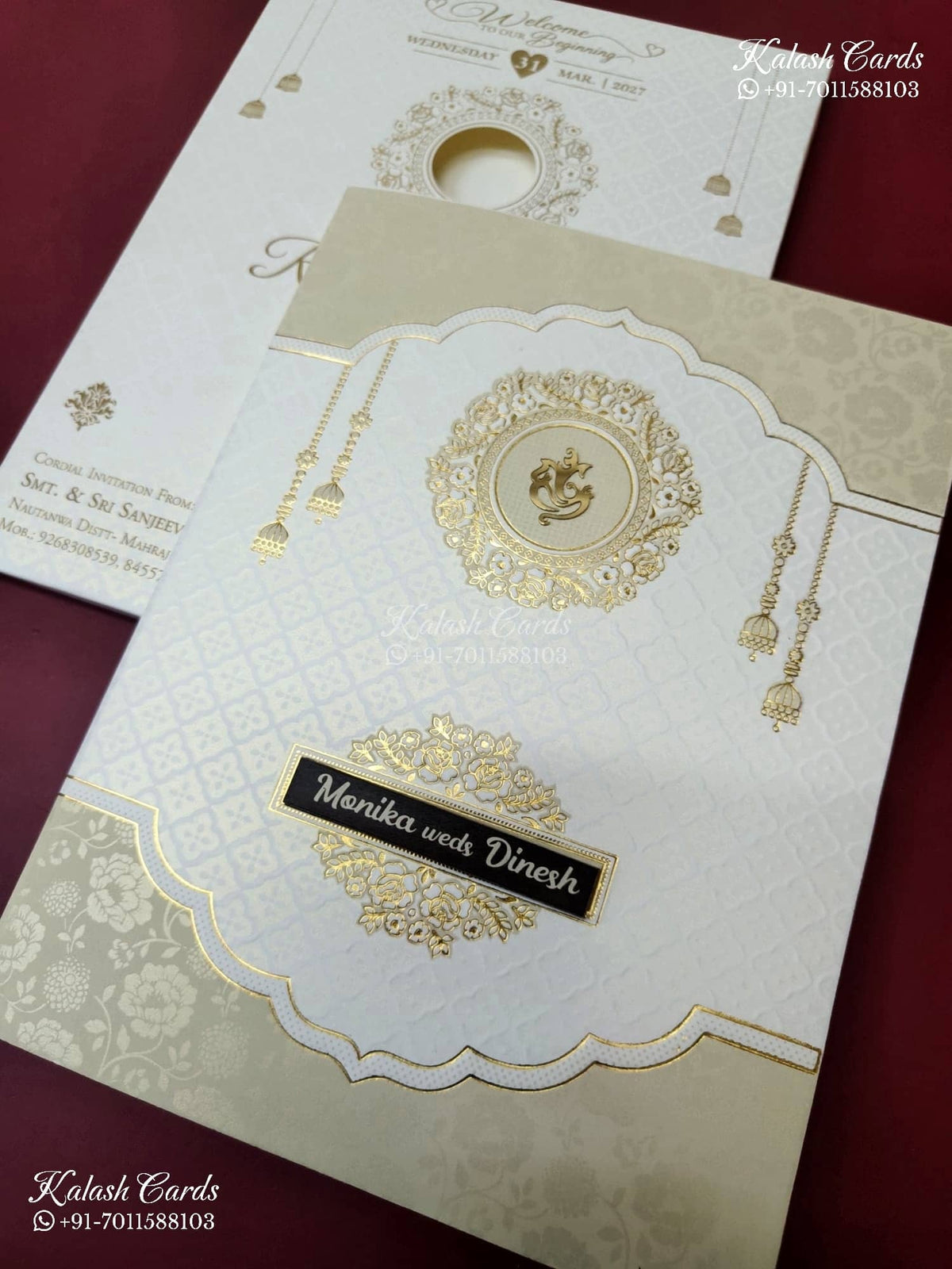KLB-1554 White Creme Traditional Embossed Semi Box Wedding Card (2 Page & Couple Name Wooden Plate)-Kalash Cards