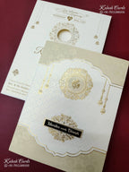 KLB-1554 White Creme Traditional Embossed Semi Box Wedding Card (2 Page & Couple Name Wooden Plate)-Kalash Cards