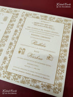 KLB-1554 White Creme Traditional Embossed Semi Box Wedding Card (2 Page & Couple Name Wooden Plate)-Kalash Cards