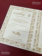 KLB-1554 White Creme Traditional Embossed Semi Box Wedding Card (2 Page & Couple Name Wooden Plate)-Kalash Cards