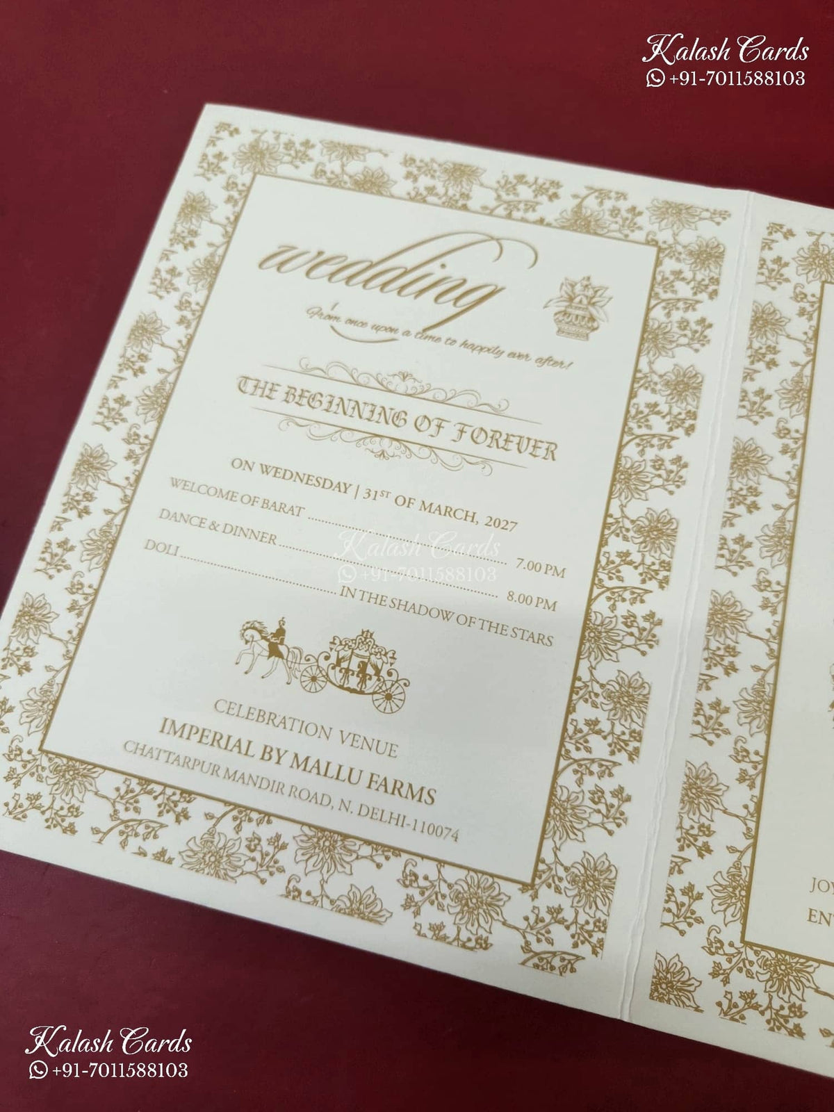 KLB-1554 White Creme Traditional Embossed Semi Box Wedding Card (2 Page & Couple Name Wooden Plate)-Kalash Cards