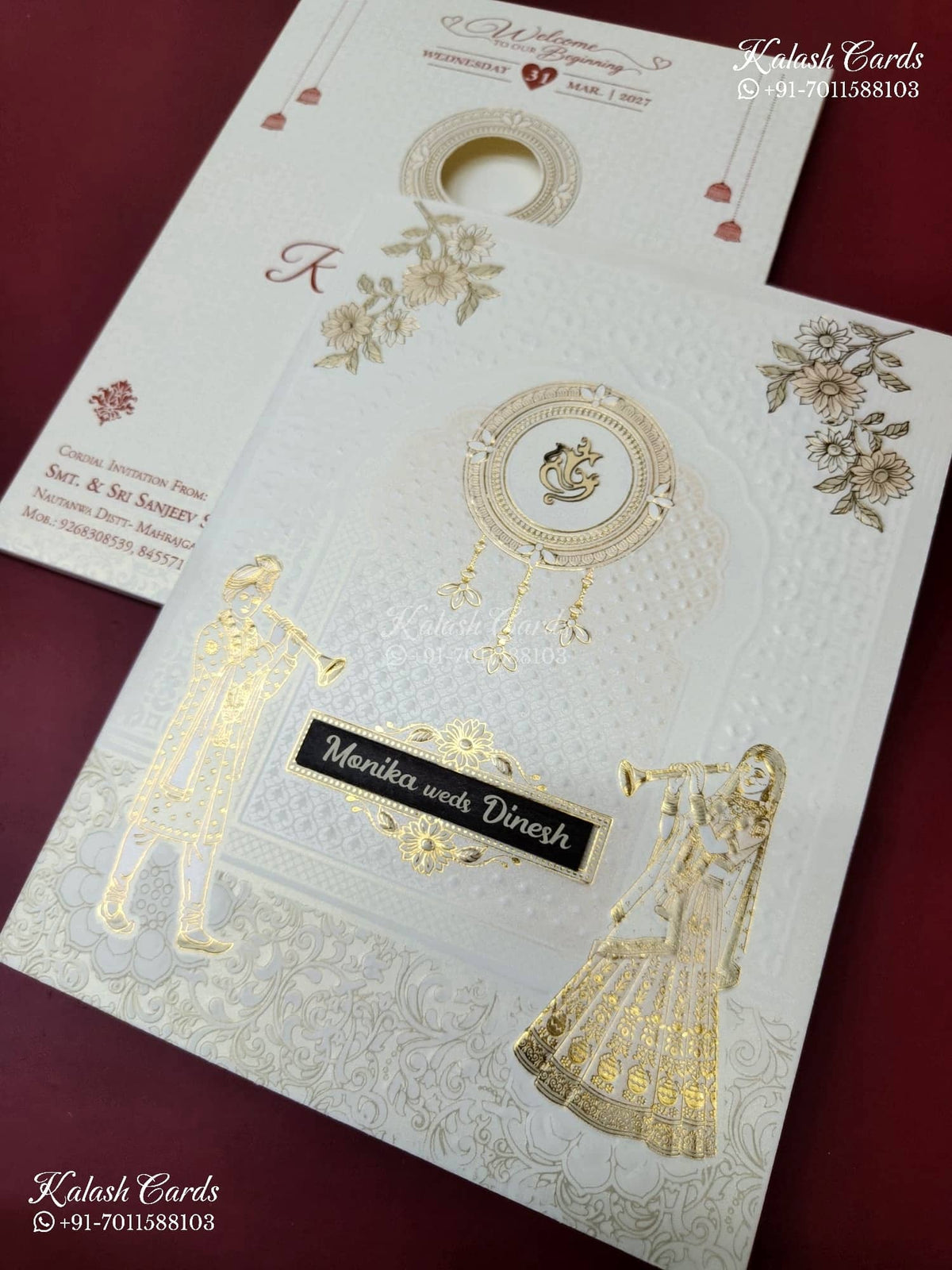 KLB-1555 White Royal Arch Embossed Semi Box Wedding Card (2 Page & Couple Initial Wooden Plate)-Kalash Cards