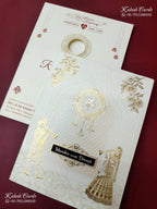 KLB-1555 White Royal Arch Embossed Semi Box Wedding Card (2 Page & Couple Initial Wooden Plate)-Kalash Cards