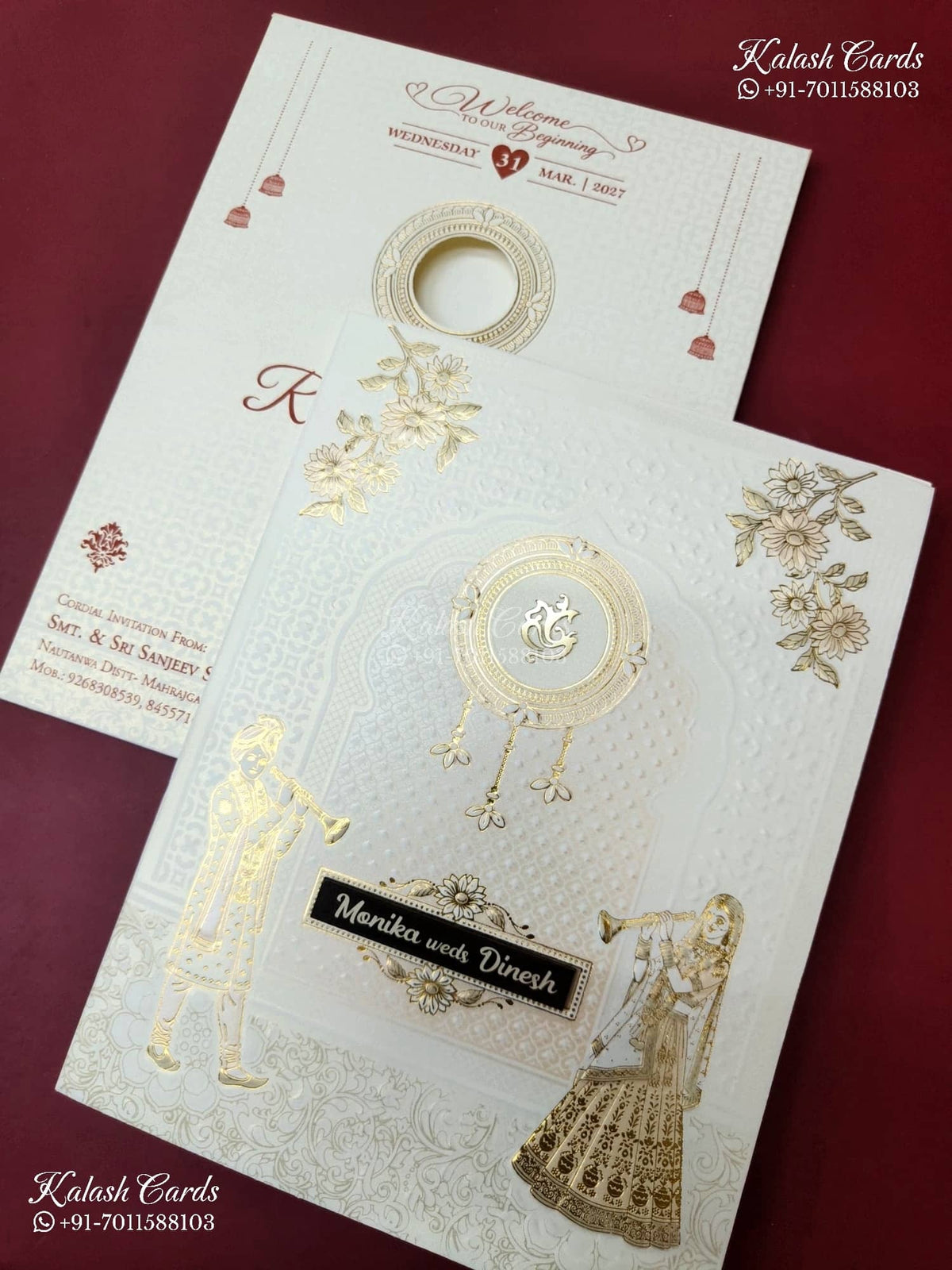 KLB-1555 White Royal Arch Embossed Semi Box Wedding Card (2 Page & Couple Initial Wooden Plate)-Kalash Cards