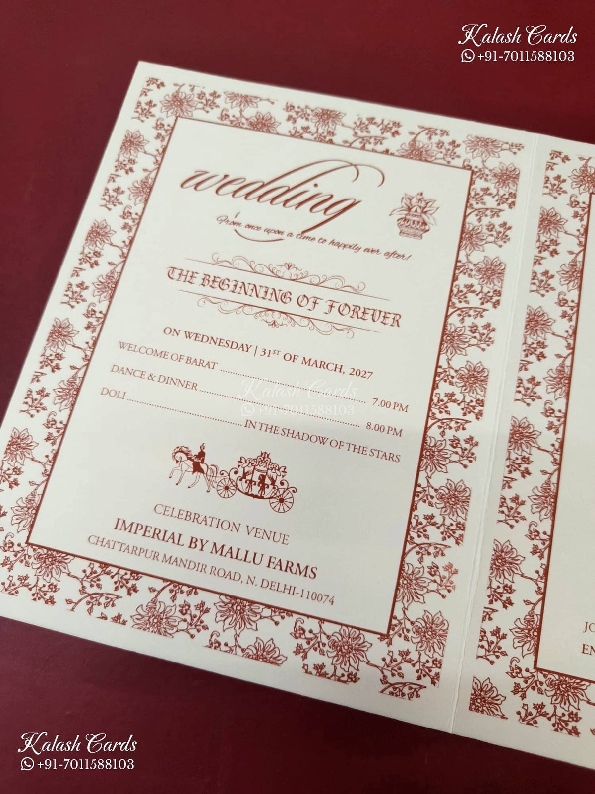 KLB-1555 White Royal Arch Embossed Semi Box Wedding Card (2 Page & Couple Initial Wooden Plate)-Kalash Cards