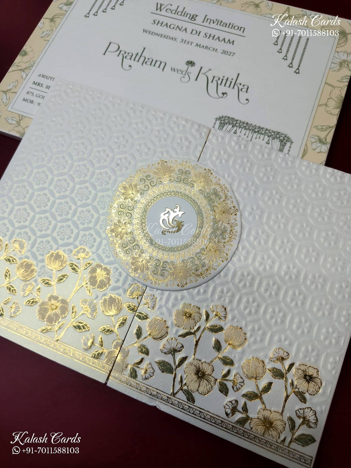 KLB-1556 White Floral Embossed Semi Box Wedding Card (2 Page)-Kalash Cards