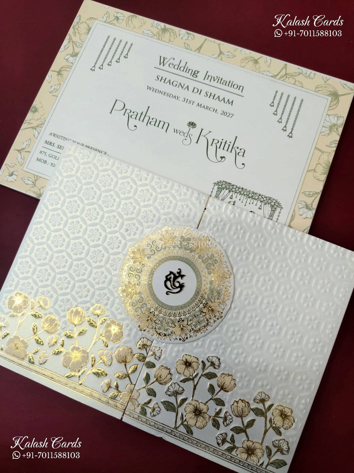 KLB-1556 White Floral Embossed Semi Box Wedding Card (2 Page)-Kalash Cards
