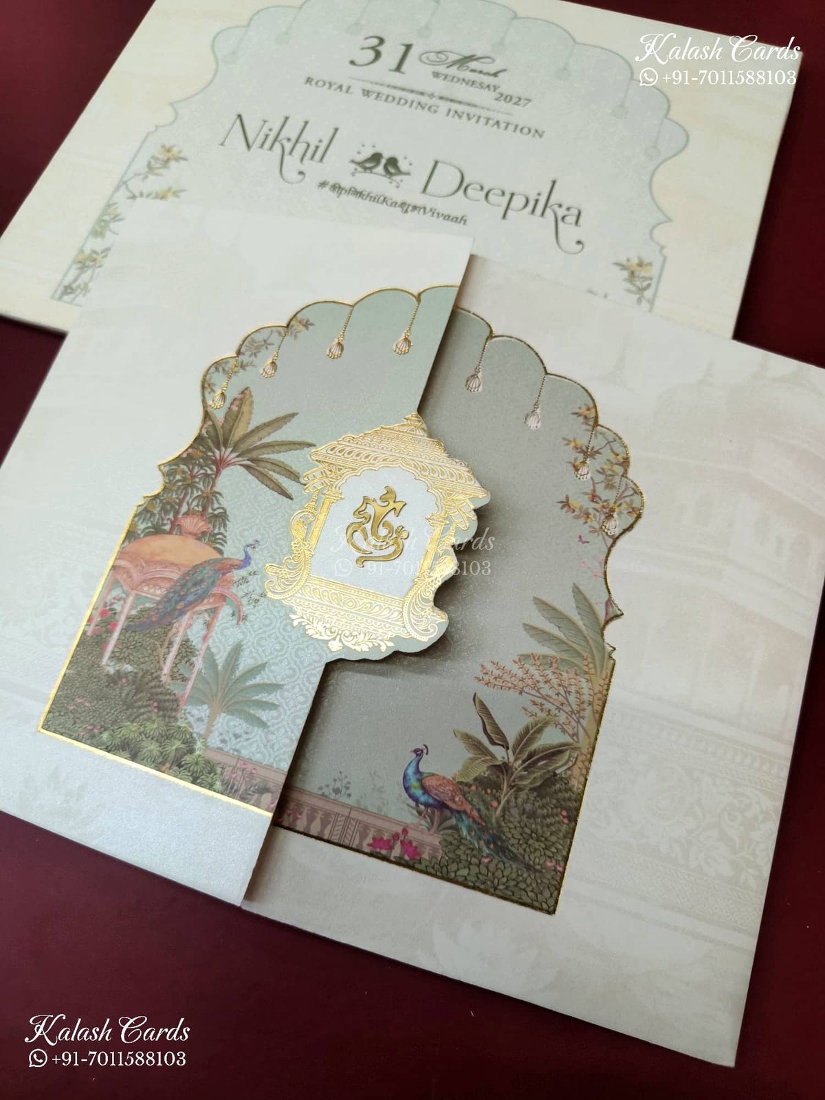 KLB-1557 Creme Green Royal Arch Door Style Semi Box Wedding Card (2 Page)-Kalash Cards