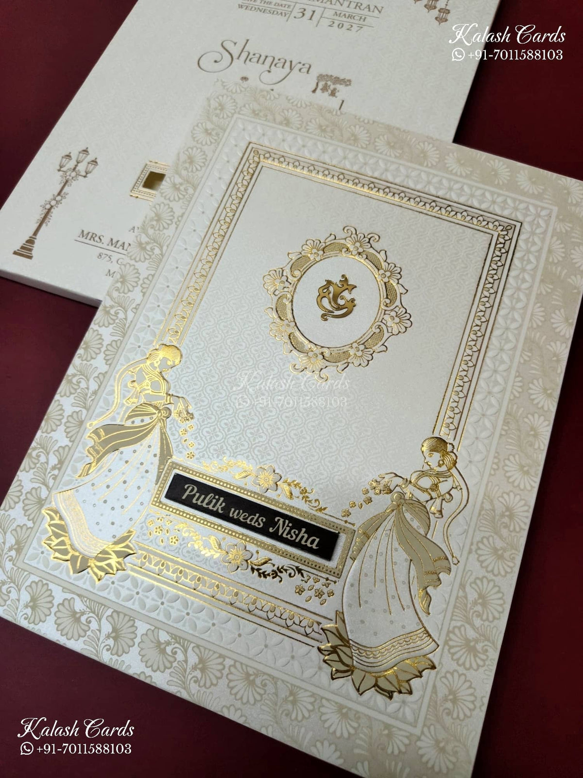 KLB-1558 White Creme Traditional Embossed Semi Box Wedding Card (2 Page & Couple Name Wooden Plate)-Kalash Cards