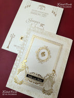 KLB-1558 White Creme Traditional Embossed Semi Box Wedding Card (2 Page & Couple Name Wooden Plate)-Kalash Cards