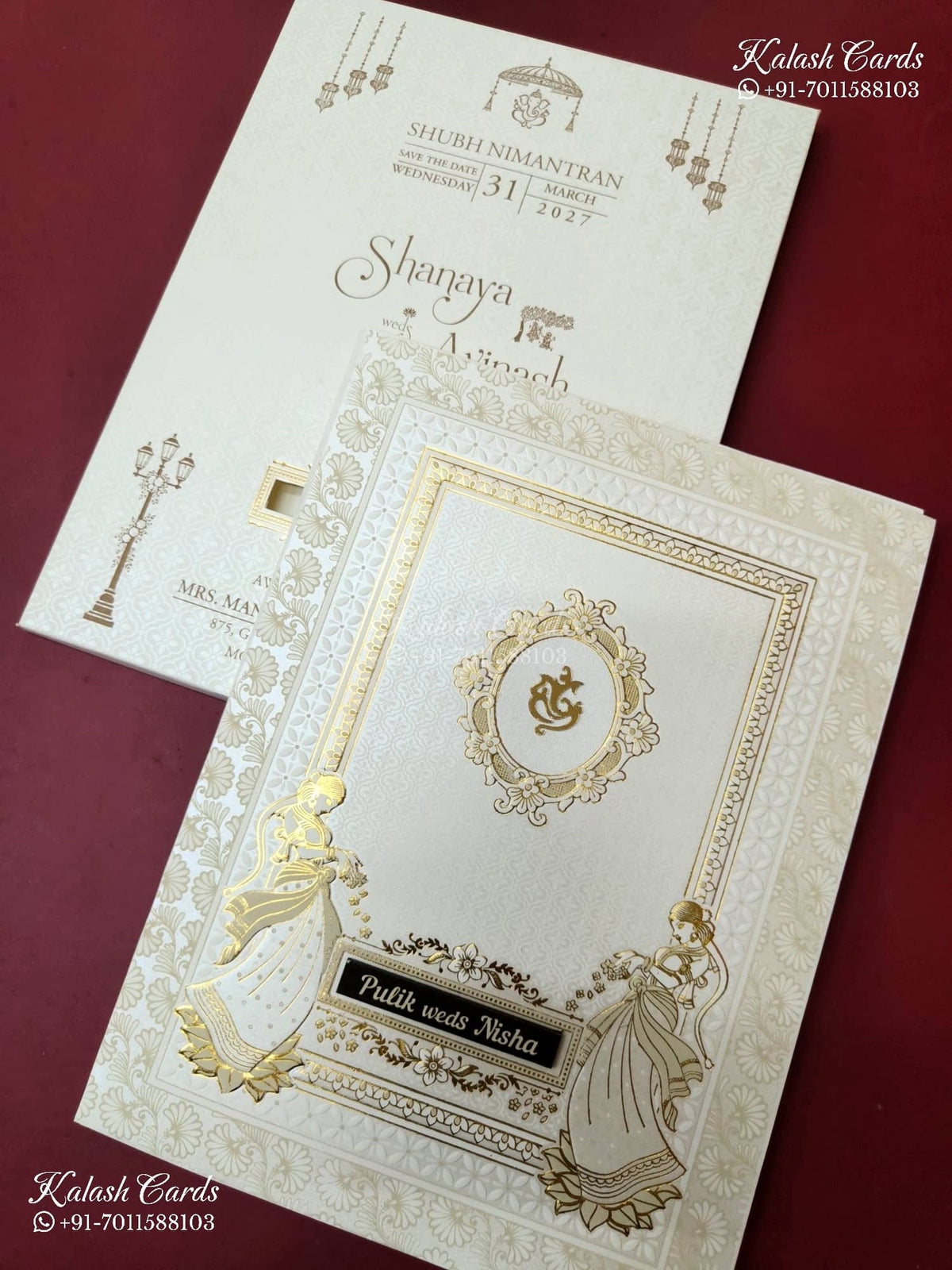 KLB-1558 White Creme Traditional Embossed Semi Box Wedding Card (2 Page & Couple Name Wooden Plate)-Kalash Cards