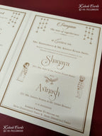 KLB-1558 White Creme Traditional Embossed Semi Box Wedding Card (2 Page & Couple Name Wooden Plate)-Kalash Cards