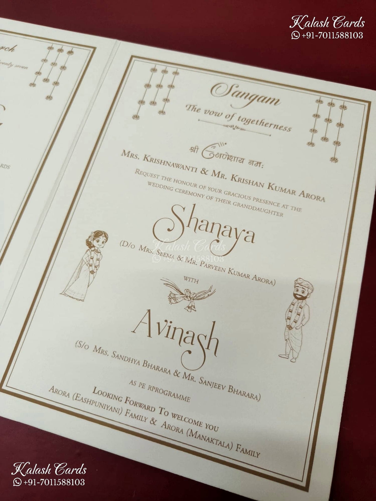 KLB-1558 White Creme Traditional Embossed Semi Box Wedding Card (2 Page & Couple Name Wooden Plate)-Kalash Cards