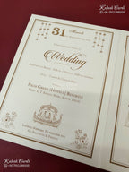 KLB-1558 White Creme Traditional Embossed Semi Box Wedding Card (2 Page & Couple Name Wooden Plate)-Kalash Cards
