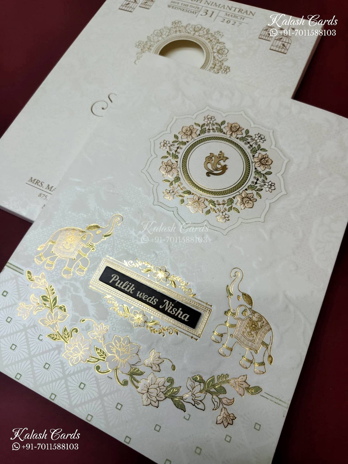 KLB-1559 White Elephant Embossed Semi Box Wedding Card (2 Page & Couple Name Wooden Plate)-Kalash Cards