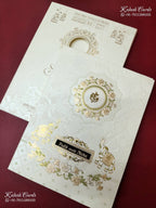 KLB-1559 White Elephant Embossed Semi Box Wedding Card (2 Page & Couple Name Wooden Plate)-Kalash Cards