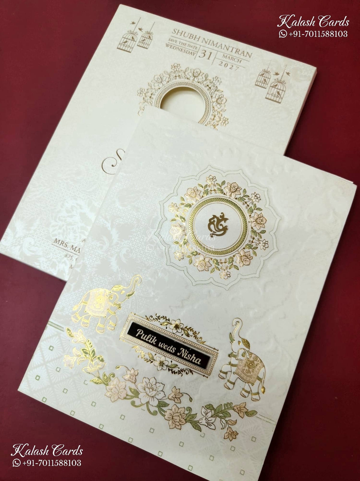 KLB-1559 White Elephant Embossed Semi Box Wedding Card (2 Page & Couple Name Wooden Plate)-Kalash Cards