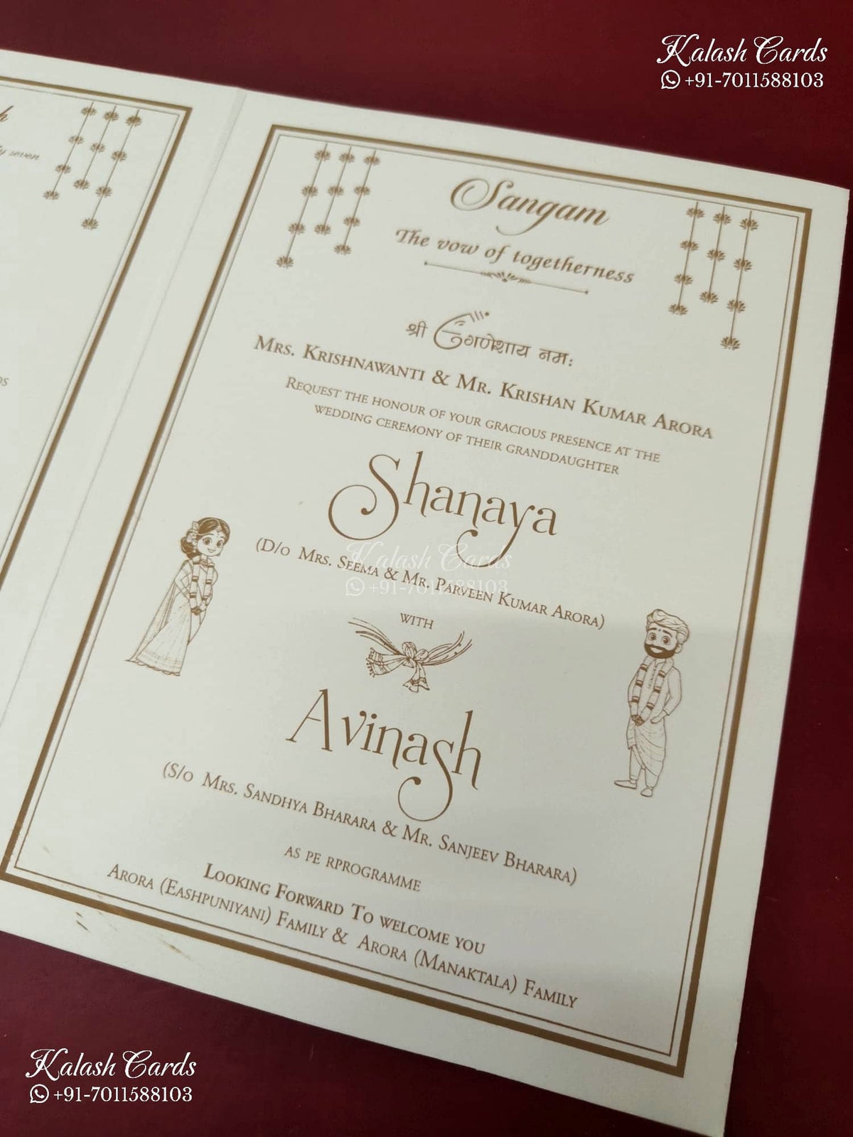 KLB-1559 White Elephant Embossed Semi Box Wedding Card (2 Page & Couple Name Wooden Plate)-Kalash Cards