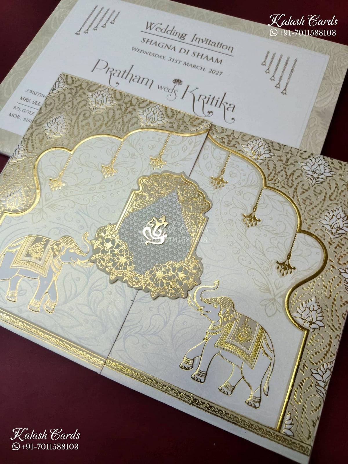 KLB-1560 White Creme Elephant Door Style Semi Box Wedding Card (2 Page)-Kalash Cards
