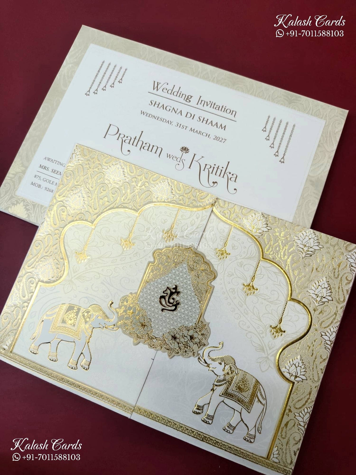 KLB-1560 White Creme Elephant Door Style Semi Box Wedding Card (2 Page)-Kalash Cards