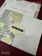 KLB-1561 White Green Floral Door Style Semi Box Wedding Card (2 Page & Couple Name Wooden Plate)-Kalash Cards