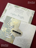 KLB-1561 White Green Floral Door Style Semi Box Wedding Card (2 Page & Couple Name Wooden Plate)-Kalash Cards