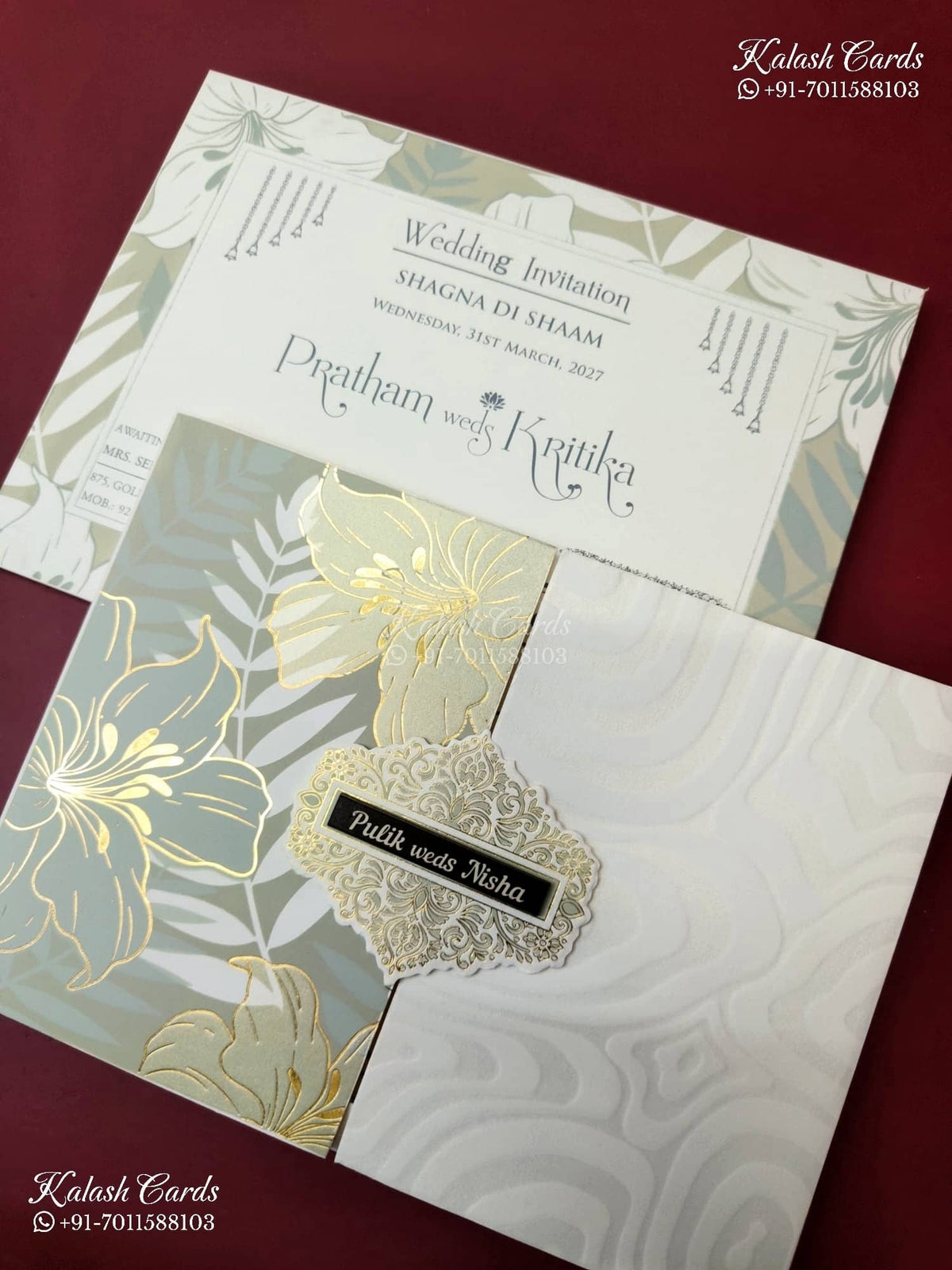 KLB-1561 White Green Floral Door Style Semi Box Wedding Card (2 Page & Couple Name Wooden Plate)-Kalash Cards