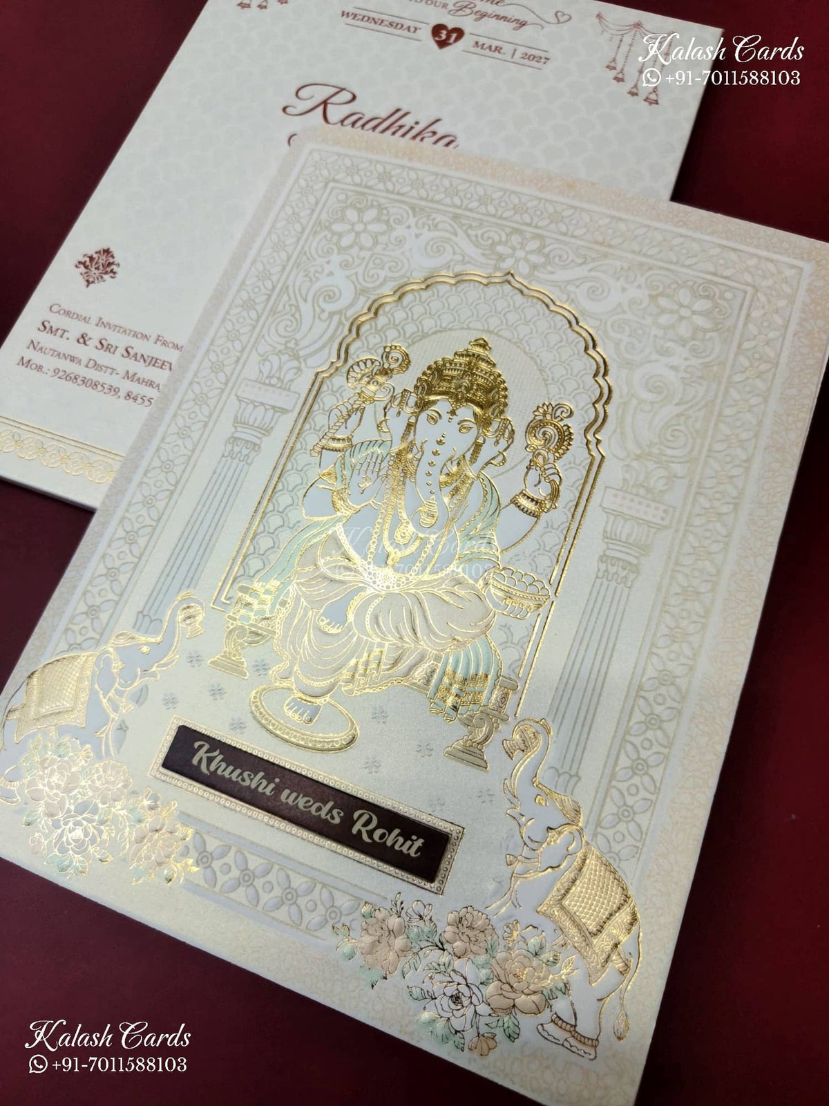KLB-1562 White Ganesh Ji Embossed Semi Box Wedding Card (2 Page & Couple Name Wooden Plate)-Kalash Cards
