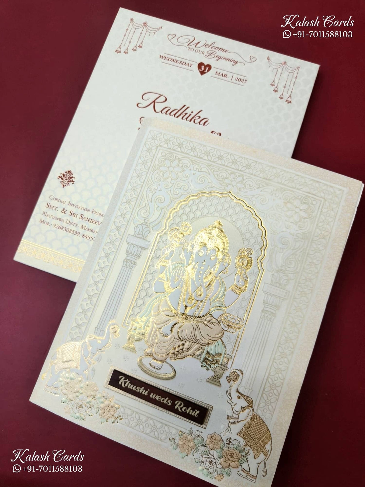 KLB-1562 White Ganesh Ji Embossed Semi Box Wedding Card (2 Page & Couple Name Wooden Plate)-Kalash Cards