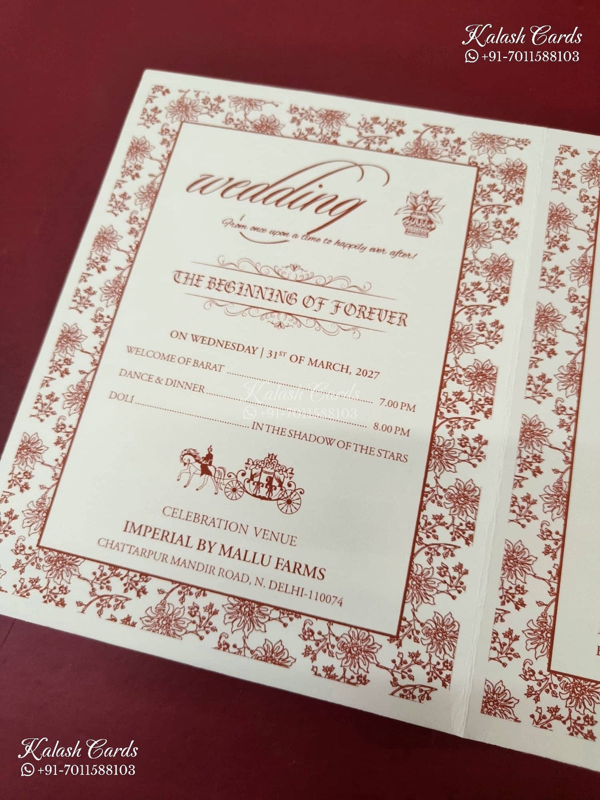 KLB-1562 White Ganesh Ji Embossed Semi Box Wedding Card (2 Page & Couple Name Wooden Plate)-Kalash Cards