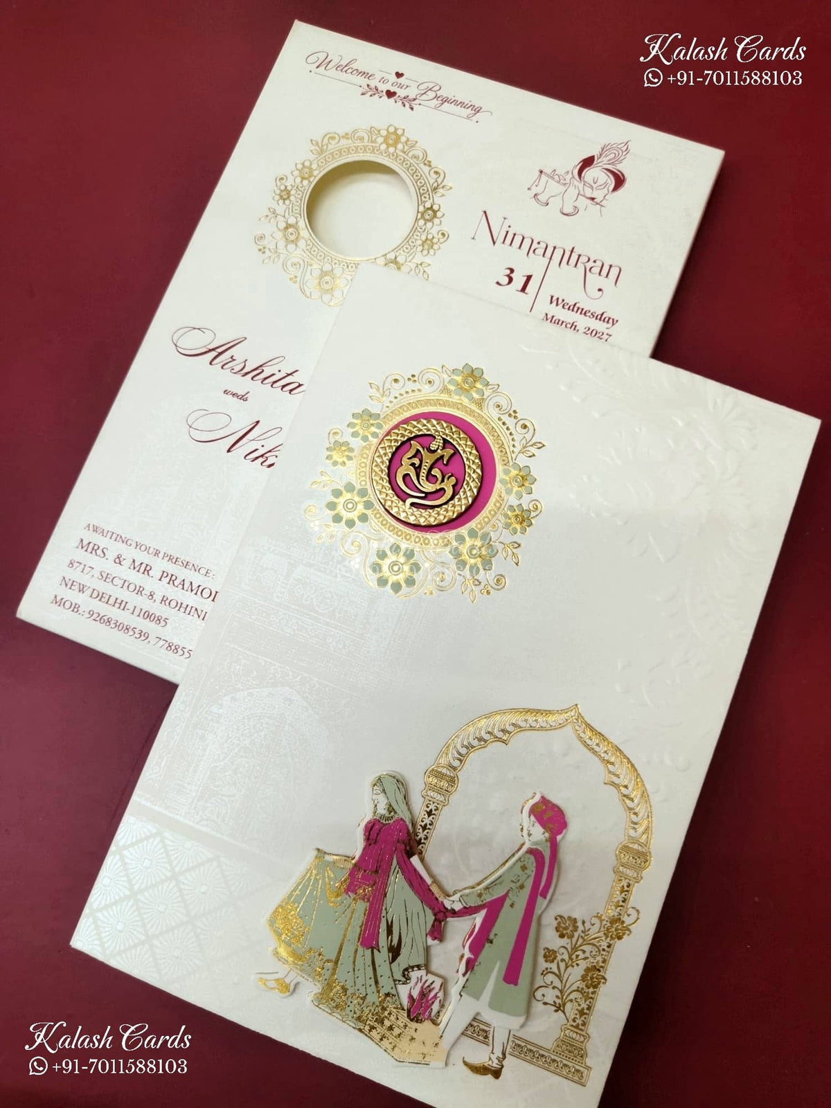 KLB-1564 White Bride Groom Mandap Laser Cut Embossed Semi Box Wedding Card (2 Page)-Kalash Cards