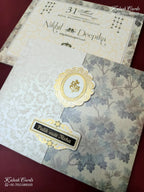 KLB-1565 White Grey Floral Door Style Embossed Semi Box Wedding Card (2 Page & Couple Name Wooden Plate)-Kalash Cards
