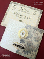 KLB-1565 White Grey Floral Door Style Embossed Semi Box Wedding Card (2 Page & Couple Name Wooden Plate)-Kalash Cards