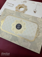 KLB-1566 White Creme Traditional Embossed Semi Box Wedding Card (2 Page & Couple Name Wooden Plate)-Kalash Cards