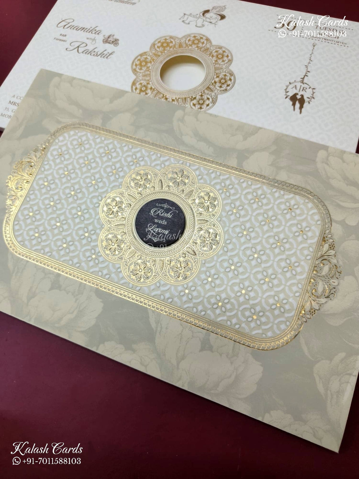 KLB-1566 White Creme Traditional Embossed Semi Box Wedding Card (2 Page & Couple Name Wooden Plate)-Kalash Cards
