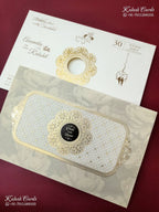 KLB-1566 White Creme Traditional Embossed Semi Box Wedding Card (2 Page & Couple Name Wooden Plate)-Kalash Cards