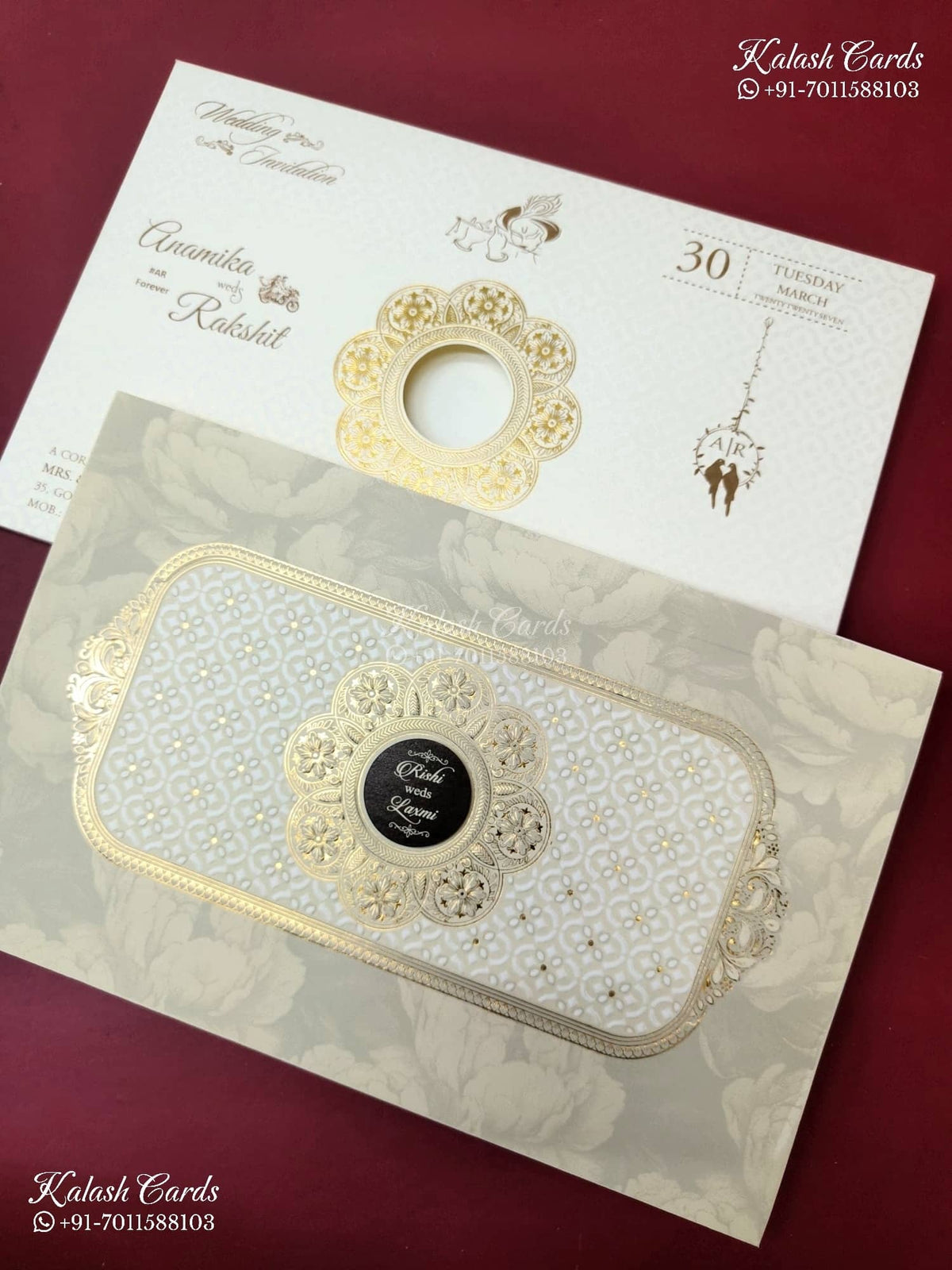 KLB-1566 White Creme Traditional Embossed Semi Box Wedding Card (2 Page & Couple Name Wooden Plate)-Kalash Cards